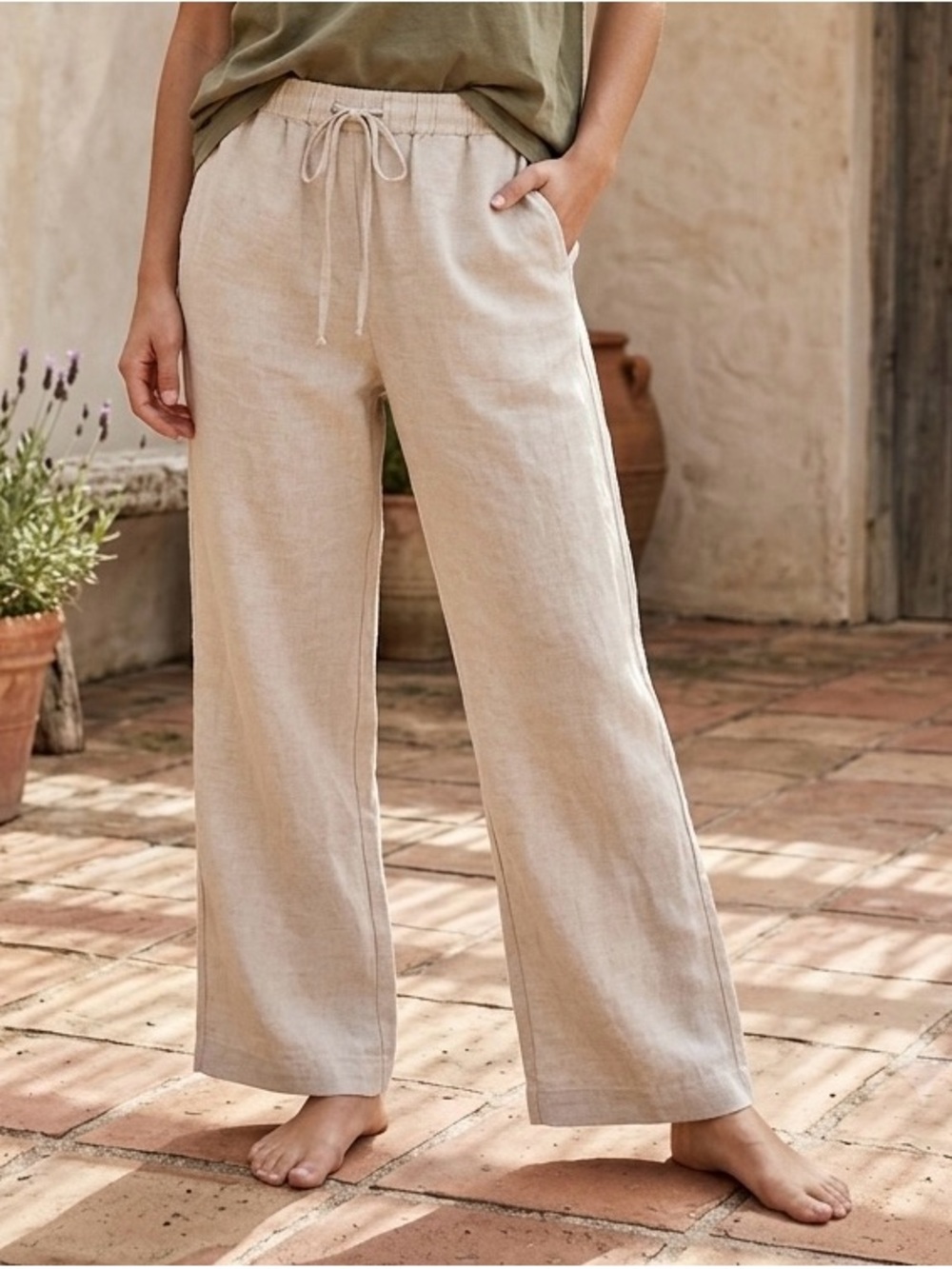 H&M Beige Wide-Leg Drawstring Linen-Blend Pants